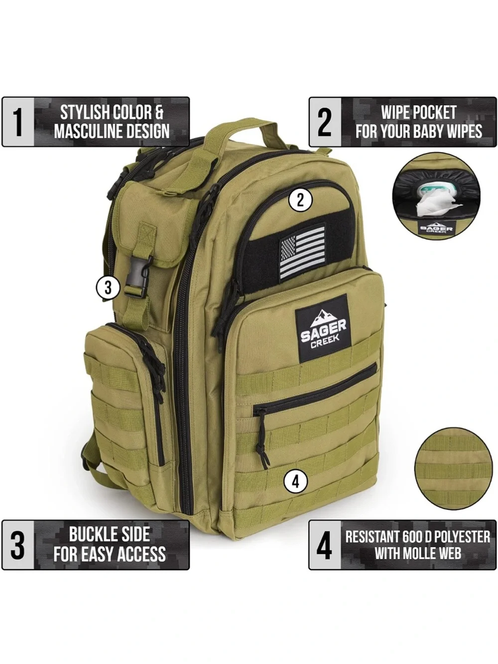 Tactical Olive Green Men's Diaper Bag Backpack by Sager Creek